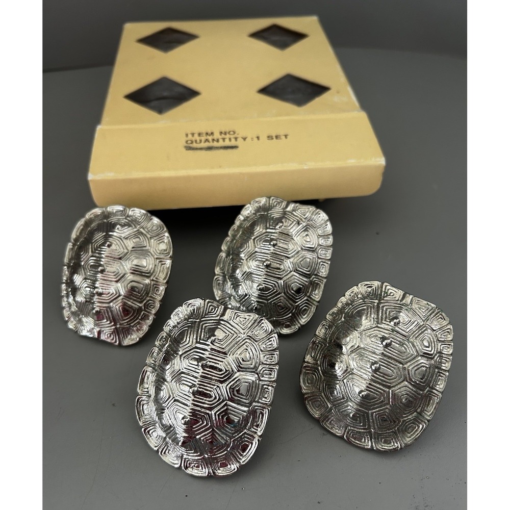 Arthur Court Turtle Shell Animal Napkin Rings Silver Tone Metal 4 Pc Set